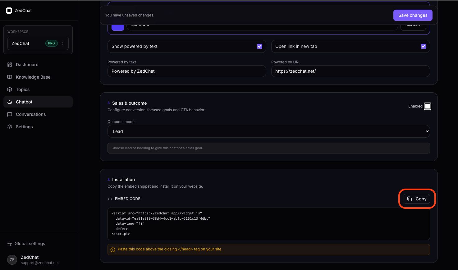 ZedChat embed script