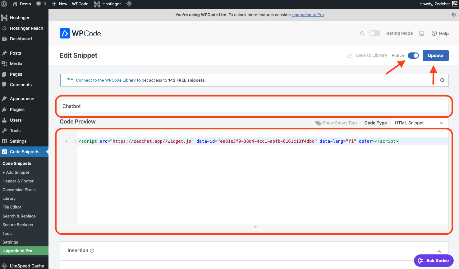 Paste the code into WPCode